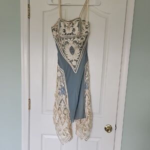 Sue Wong Blue and Cream Asymmetrical Sundress with Spaghetti Straps